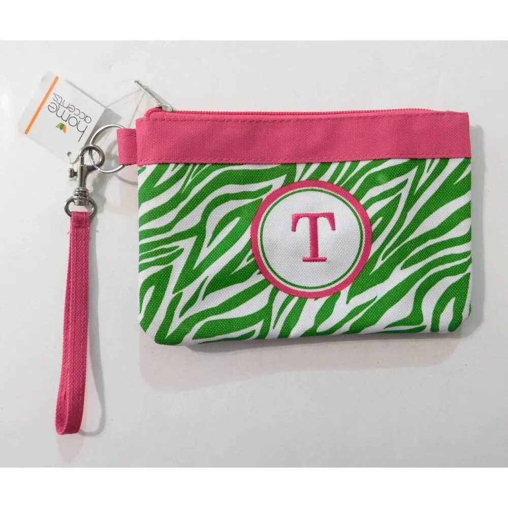 Zebra Print Tote Travel Cosmetic Case Wristlet Set Monogram T Green Pink Canvas - Picture 2 of 11